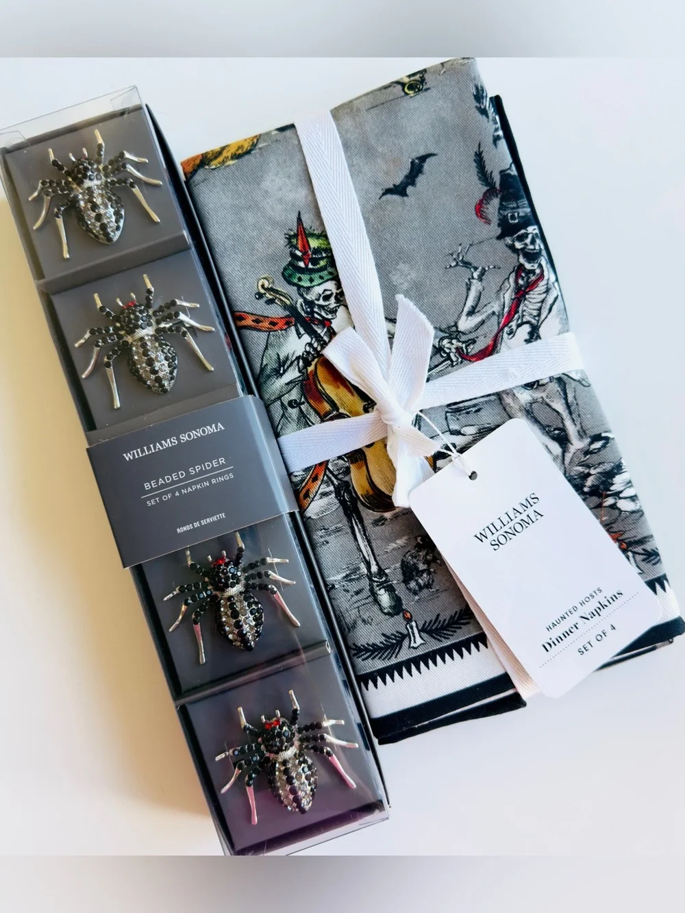 Williams Sonoma Jeweled Spider Napkin Rings & Haunted Hosts Napkins, Retail $129